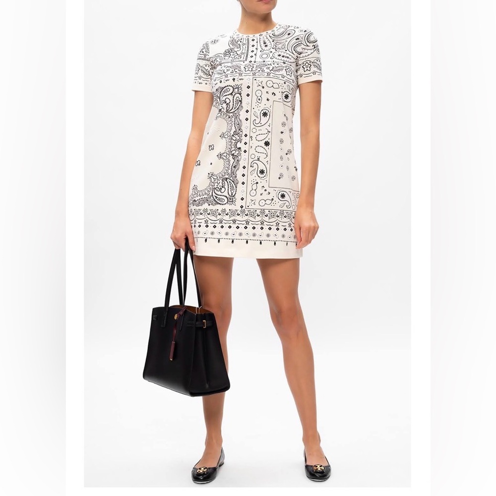 NWT Tory Burch Bandana Sequin Paisley Cream T-Shirt Dress Retail $258 Size M